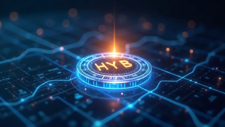 Photorealistic HYB token above a translucent ledger with a liquidity bridge and USDC streams signaling instant exits.