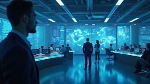 Photorealistic newsroom figure; a glowing bridge links a decentralized crypto network to a regulated US exchange hub.