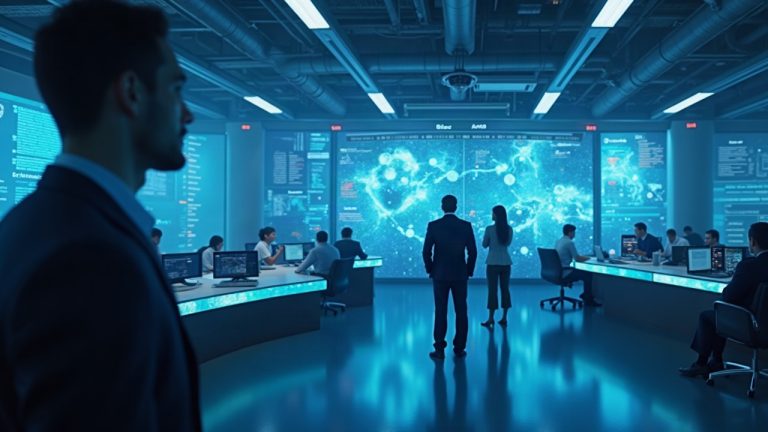 Photorealistic newsroom figure; a glowing bridge links a decentralized crypto network to a regulated US exchange hub.