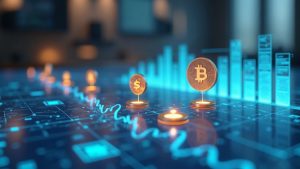 Photorealistic header: tokenized securities icons on a blockchain ledger tracing Korea's regulatory roadmap in a newsroom.