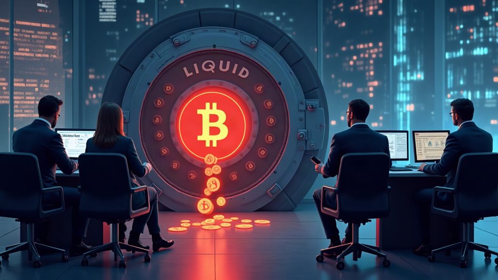 Realistic newsroom scene: secured Liquid vault, BTC icons leaking from federation wallet, and a paused red sidechain bridge.