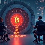 Realistic newsroom scene: secured Liquid vault, BTC icons leaking from federation wallet, and a paused red sidechain bridge.