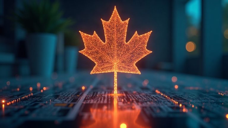 Photorealistic maple-leaf circuitry with a 4.6B AUM hologram, DeFi graphs, and Robinhood Chain motif in a newsroom.