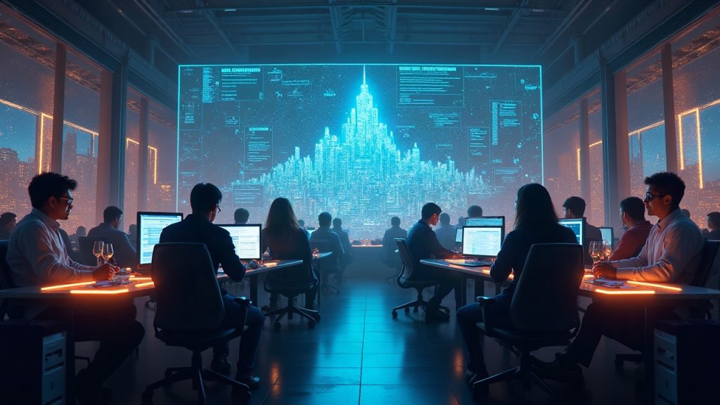 Diverse developers around a glowing code terminal with a holographic metropolis map and a 250k prize badge.