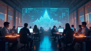 Diverse developers around a glowing code terminal with a holographic metropolis map and a 250k prize badge.