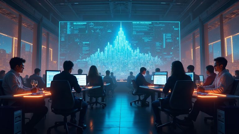 Diverse developers around a glowing code terminal with a holographic metropolis map and a 250k prize badge.