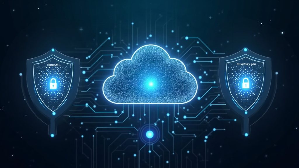 Futuristic cloud hub with OpenAI-style circuitry and two shields representing proxy and TEE privacy tiers.