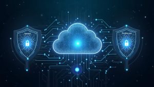 Futuristic cloud hub with OpenAI-style circuitry and two shields representing proxy and TEE privacy tiers.