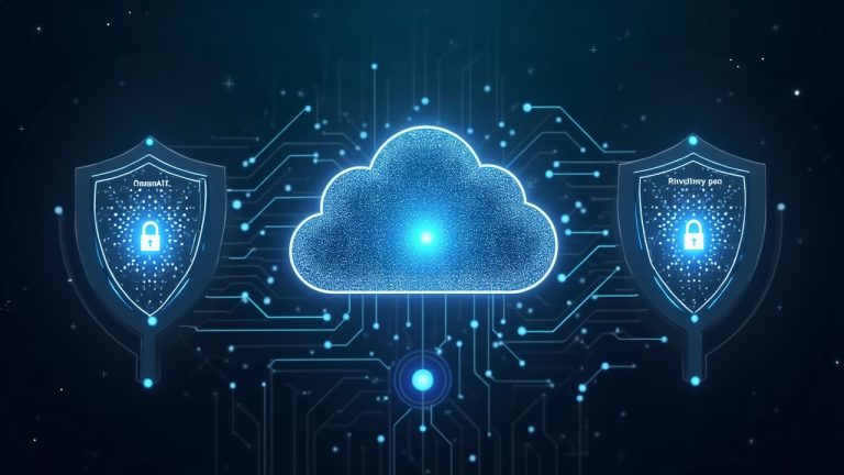 Futuristic cloud hub with OpenAI-style circuitry and two shields representing proxy and TEE privacy tiers.