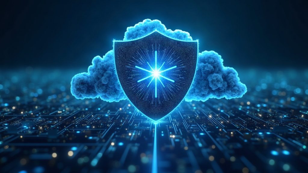 Secure enclave hub with Intel Trust Authority badge, NEAR AI elements, and neural networks forming a shield over a crypto skyline.