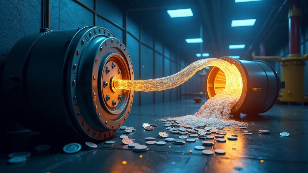 Photorealistic crypto newsroom header: vault drains DAI and USDC into an Ethereum tunnel toward a Tornado Cash-style mixer.
