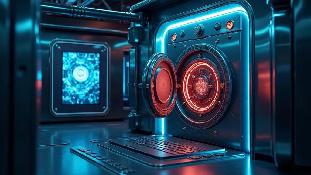 Futuristic blockchain vault with Centrifuge chamber managing onchain loyalty reserves, Janus Henderson and SMT logo.