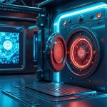 Futuristic blockchain vault with Centrifuge chamber managing onchain loyalty reserves, Janus Henderson and SMT logo.