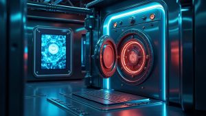 Futuristic blockchain vault with Centrifuge chamber managing onchain loyalty reserves, Janus Henderson and SMT logo.