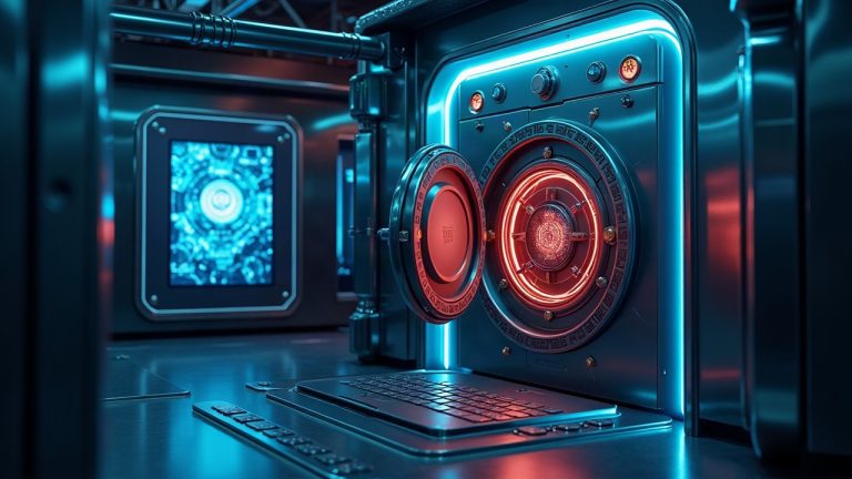 Futuristic blockchain vault with Centrifuge chamber managing onchain loyalty reserves, Janus Henderson and SMT logo.