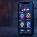 Smartphone screen showing Solana logo and NFT thumbnails with gates around SolanaMBS and bodoggos collections.