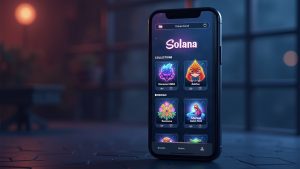 Smartphone screen showing Solana logo and NFT thumbnails with gates around SolanaMBS and bodoggos collections.