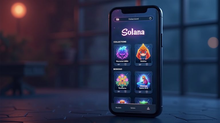 Smartphone screen showing Solana logo and NFT thumbnails with gates around SolanaMBS and bodoggos collections.