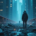 Photorealistic central figure examines a shattered blockchain bridge with glowing AGIX and WMTx minted during a breach.