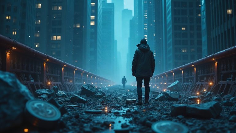 Photorealistic central figure examines a shattered blockchain bridge with glowing AGIX and WMTx minted during a breach.