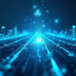 Photorealistic newsroom scene depicting a blockchain bridge under attack, with AGIX and WMTx symbols rising, blue-toned, high-tech.