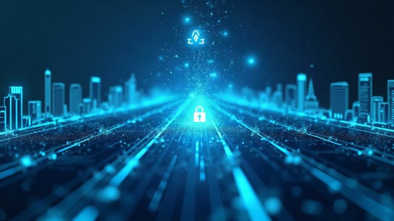 Photorealistic newsroom scene depicting a blockchain bridge under attack, with AGIX and WMTx symbols rising, blue-toned, high-tech.