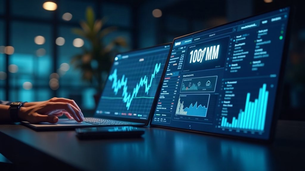 Photorealistic trading desk with a holographic sUSDS balance sheet display, highlighting $100M for the Galaxy Digital and Sky partnership.