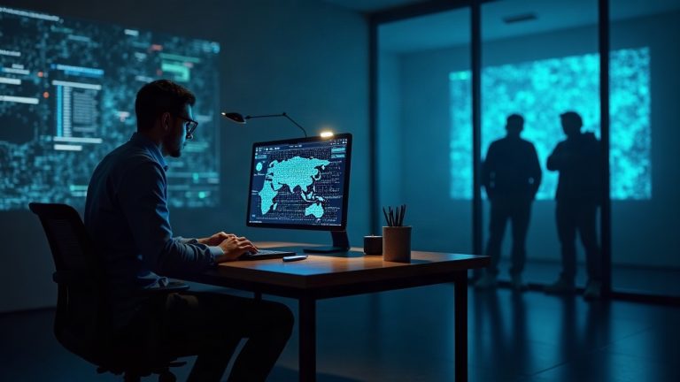 Photorealistic crypto newsroom: analyst at desk reviews copied Notional exploit pattern on screen, with blockchain backdrop.