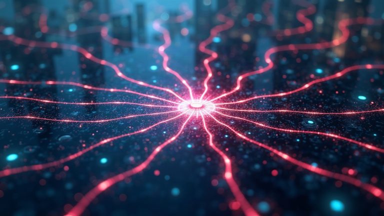 Photorealistic newsroom scene of the Solana network with glowing threads converging on a central hub and a 250ms badge.
