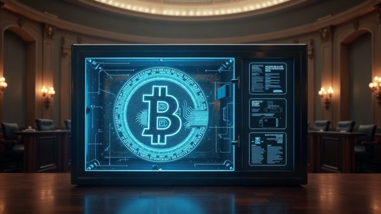 Congressional chamber scene with a transparent Bitcoin vault and holographic proof-of-reserve ledger.