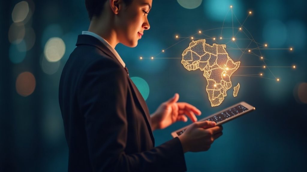 Photorealistic shot of a professional with a tablet, Africa map glow illustrating gasless cross-border settlements.