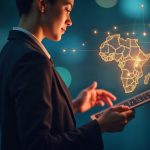 Photorealistic shot of a professional with a tablet, Africa map glow illustrating gasless cross-border settlements.