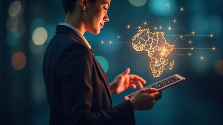 Photorealistic shot of a professional with a tablet, Africa map glow illustrating gasless cross-border settlements.