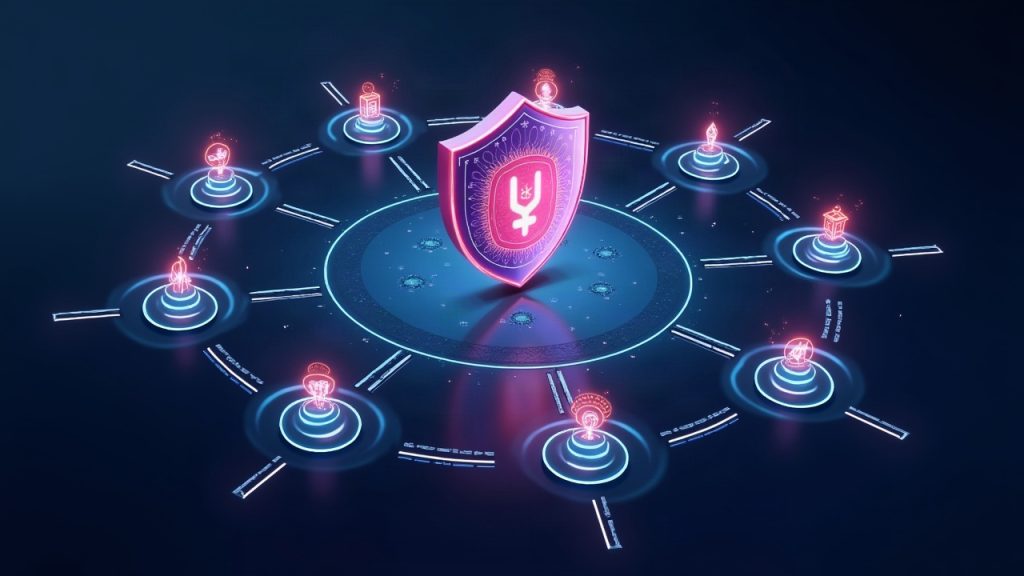 Photorealistic blockchain hub with a glowing shield, AI and DeFi icons orbiting a central Sui emblem and milestone bars.