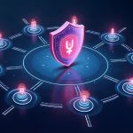 Photorealistic blockchain hub with a glowing shield, AI and DeFi icons orbiting a central Sui emblem and milestone bars.