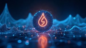 Photorealistic syrupUSDC token morphing into Arc Protocol network with Maple Finance tower in blue neon fintech setting