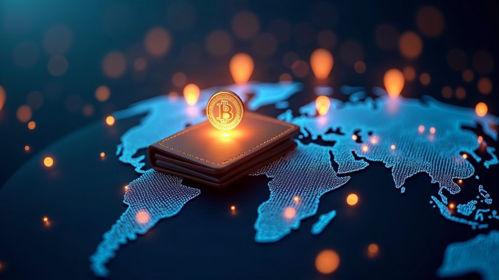 Photoreal crypto newsroom header showing a glowing wallet emitting token streams to a global network of nodes.