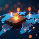 Photoreal crypto newsroom header showing a glowing wallet emitting token streams to a global network of nodes.