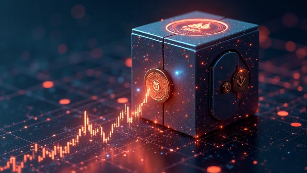 Photorealistic tokenized-stock DeFi vault with glowing network links to Robinhood Chain, Solana, and BNB Chain logos, signaling rapid TVL growth.