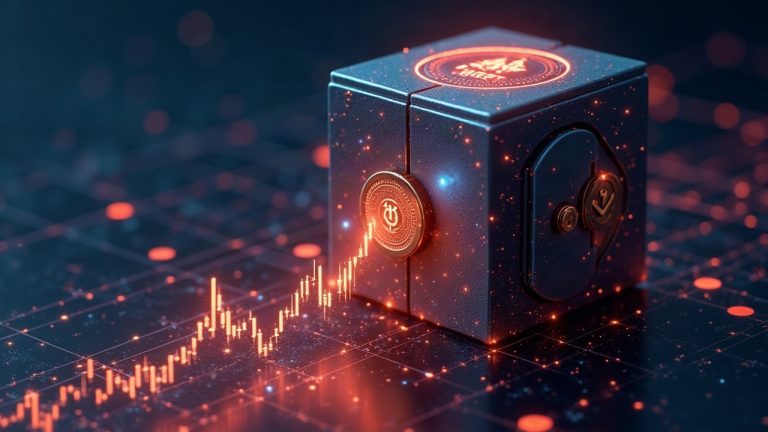 Photorealistic tokenized-stock DeFi vault with glowing network links to Robinhood Chain, Solana, and BNB Chain logos, signaling rapid TVL growth.