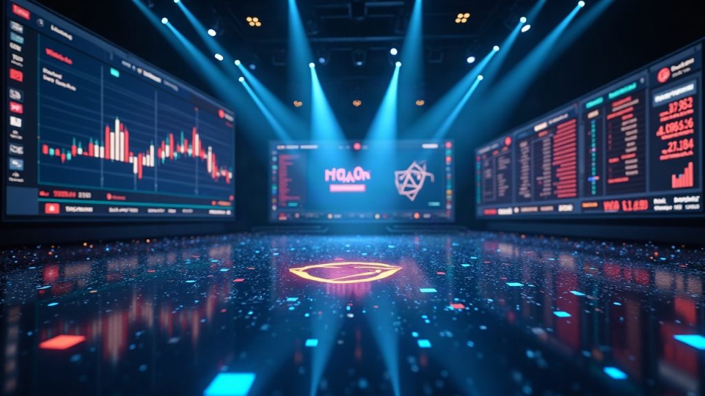 Photorealistic center-stage of tokenized stocks on blockchain with Uniswap v4 and Base logos, data streams, newsroom style.