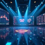 Photorealistic center-stage of tokenized stocks on blockchain with Uniswap v4 and Base logos, data streams, newsroom style.