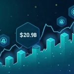 Photorealistic newsroom header with rising on-chain volume graph near $20.9B, Uniswap logos, tokenized stock icons, blue-teal tones.