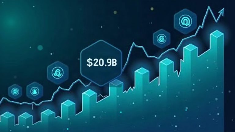 Photorealistic newsroom header with rising on-chain volume graph near $20.9B, Uniswap logos, tokenized stock icons, blue-teal tones.