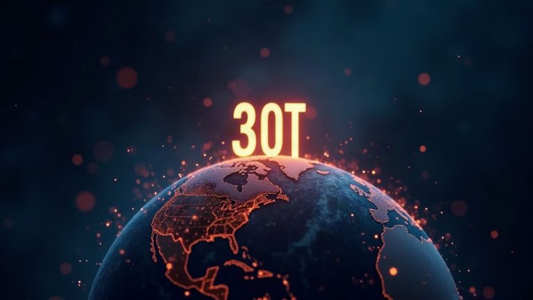 Photorealistic header with a glowing 30T over a digital globe and network lines, symbolizing uptime and crypto adoption.