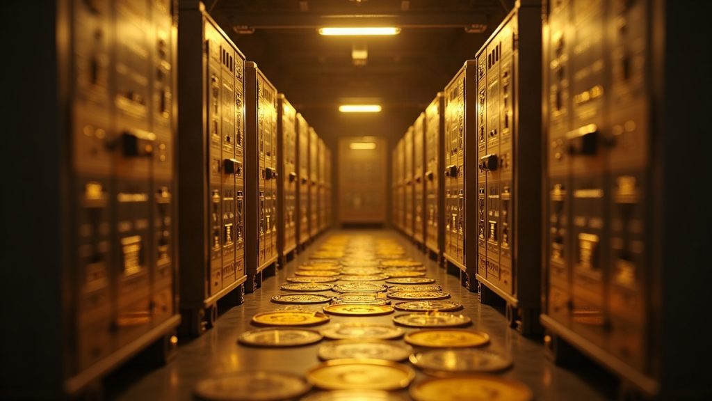 London bullion vaults with holographic gold tokens, a digital ledger overlay, and a regulatory gavel silhouette.
