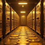 London bullion vaults with holographic gold tokens, a digital ledger overlay, and a regulatory gavel silhouette.