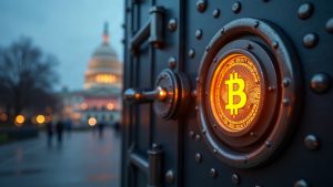 Capitol backdrop with a secure vault door, glowing Bitcoin emblem, and a bold 20-year countdown.
