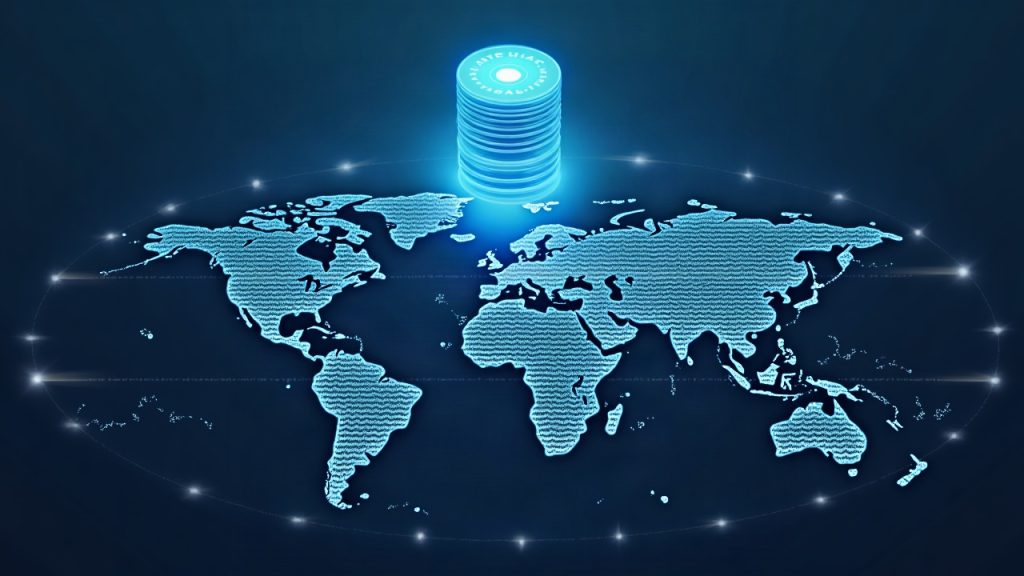Corporate bank tower with glowing blockchain network, a USBDC coin, and light trails linking North America and Europe.