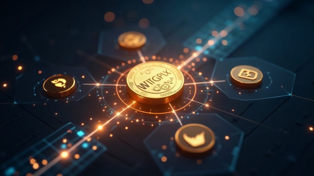 WTGXX token linked by a glowing blockchain bridge to WisdomTree and MoonPay icons, signaling US access to treasury funds.